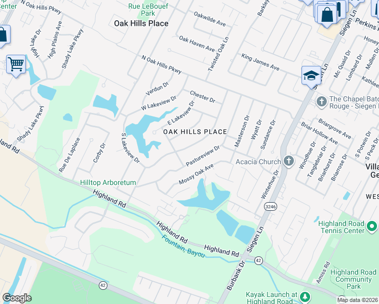 map of restaurants, bars, coffee shops, grocery stores, and more near 831 Pastureview Drive in Baton Rouge