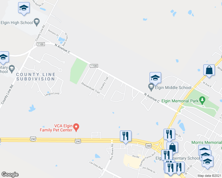 map of restaurants, bars, coffee shops, grocery stores, and more near 119 Wilderness Trail in Elgin