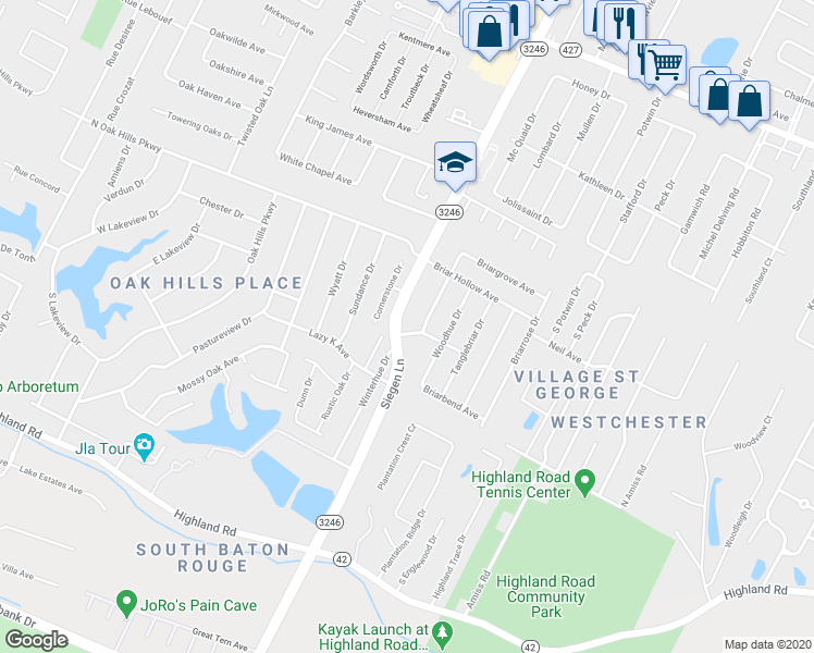 map of restaurants, bars, coffee shops, grocery stores, and more near 9949 Siegen Lane in Baton Rouge