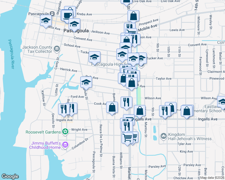 map of restaurants, bars, coffee shops, grocery stores, and more near 1308 Communy Avenue in Pascagoula