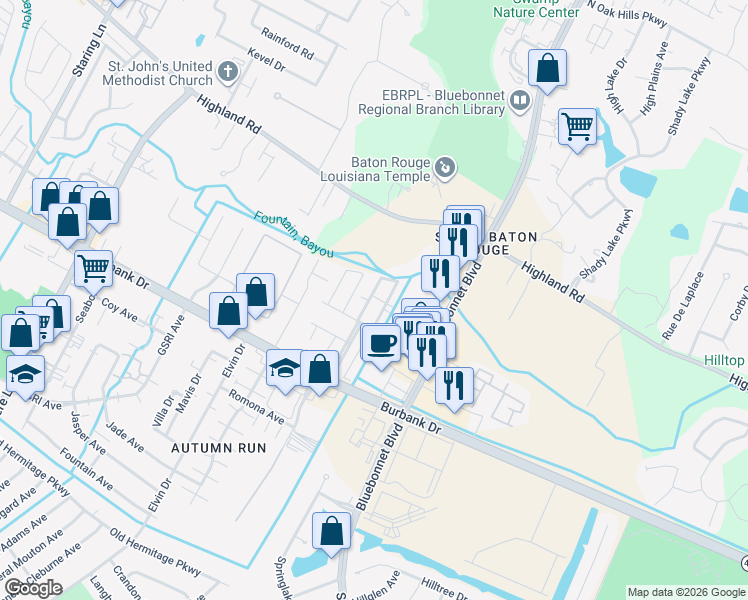 map of restaurants, bars, coffee shops, grocery stores, and more near 307 Greenhaven Drive in Baton Rouge