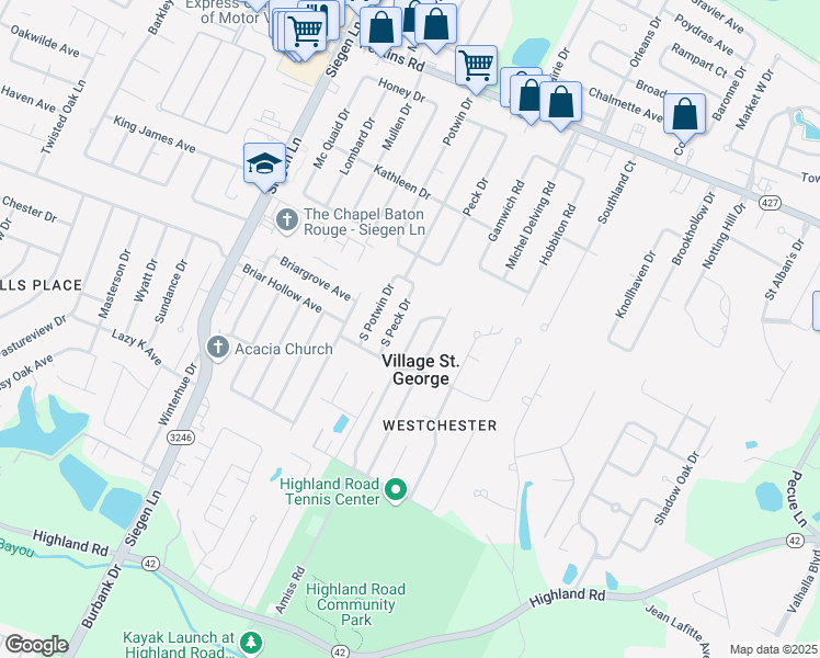 map of restaurants, bars, coffee shops, grocery stores, and more near 1533 Briarridge Drive in Baton Rouge
