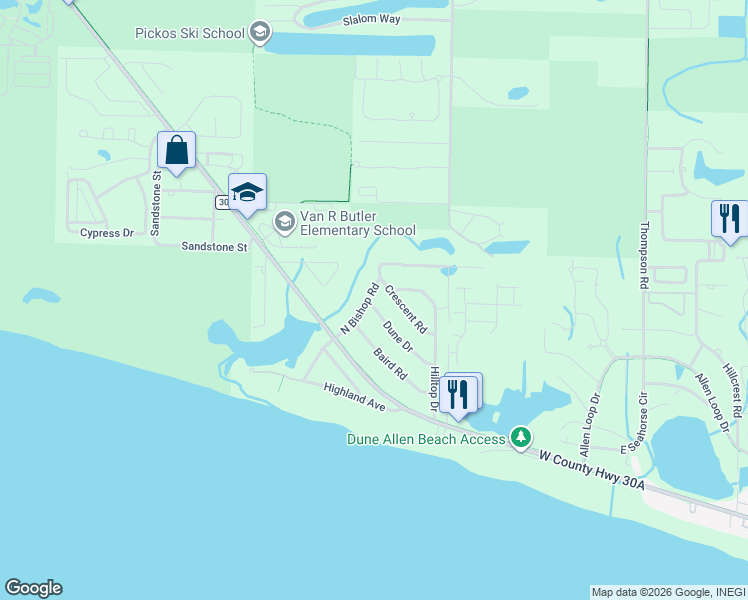map of restaurants, bars, coffee shops, grocery stores, and more near 240 Dune Drive in Santa Rosa Beach