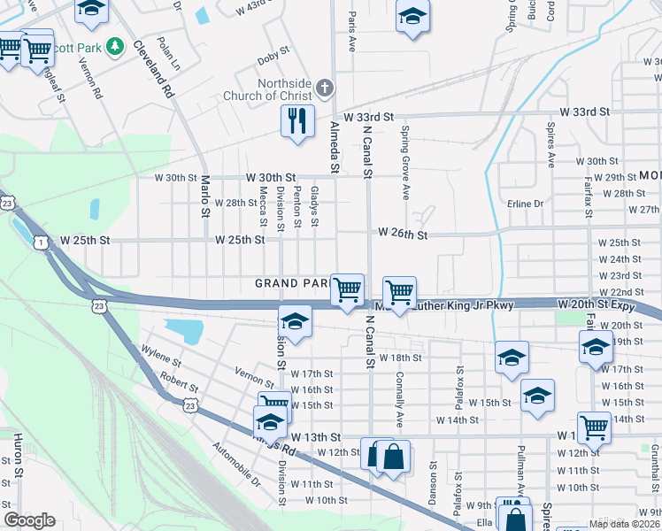 map of restaurants, bars, coffee shops, grocery stores, and more near 3310 Almeda Street in Jacksonville