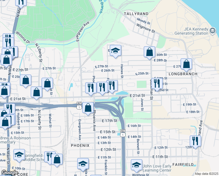 map of restaurants, bars, coffee shops, grocery stores, and more near 3215 Franklin Street in Jacksonville