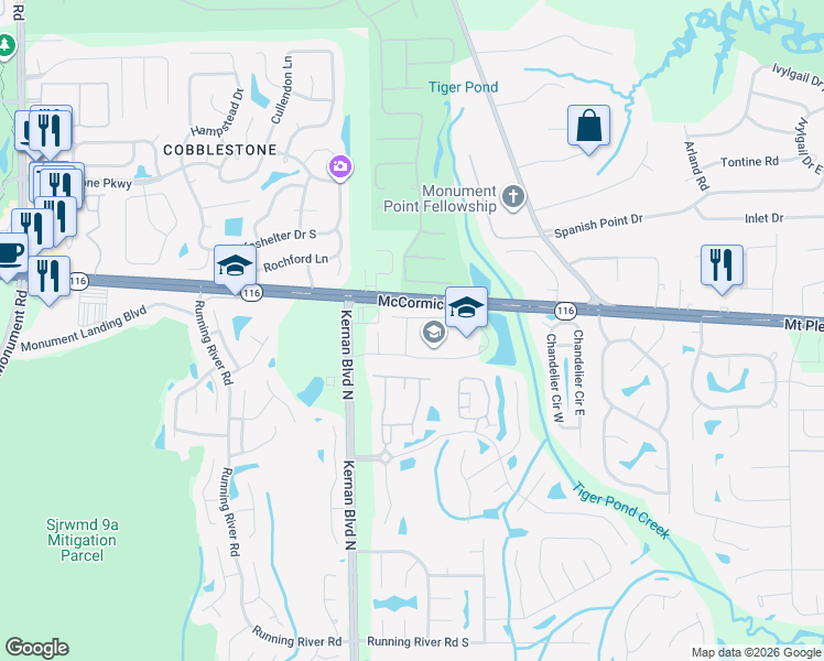 map of restaurants, bars, coffee shops, grocery stores, and more near 1827 Carolina Cherry Way in Jacksonville