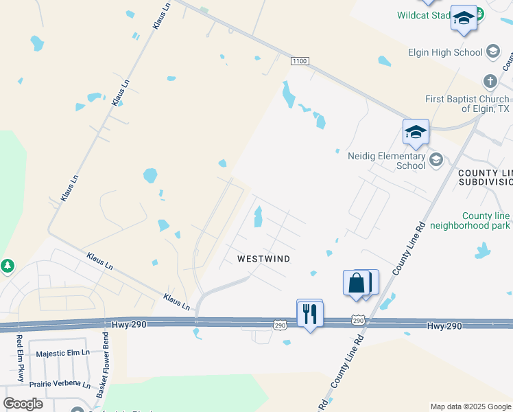 map of restaurants, bars, coffee shops, grocery stores, and more near 13817 Sierra Wind Lane in Elgin