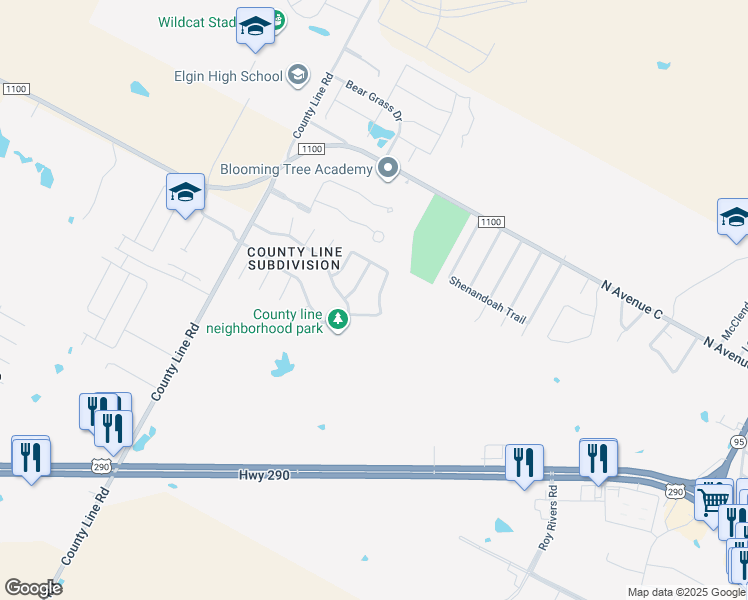 map of restaurants, bars, coffee shops, grocery stores, and more near 707 Lavaca Loop in Elgin