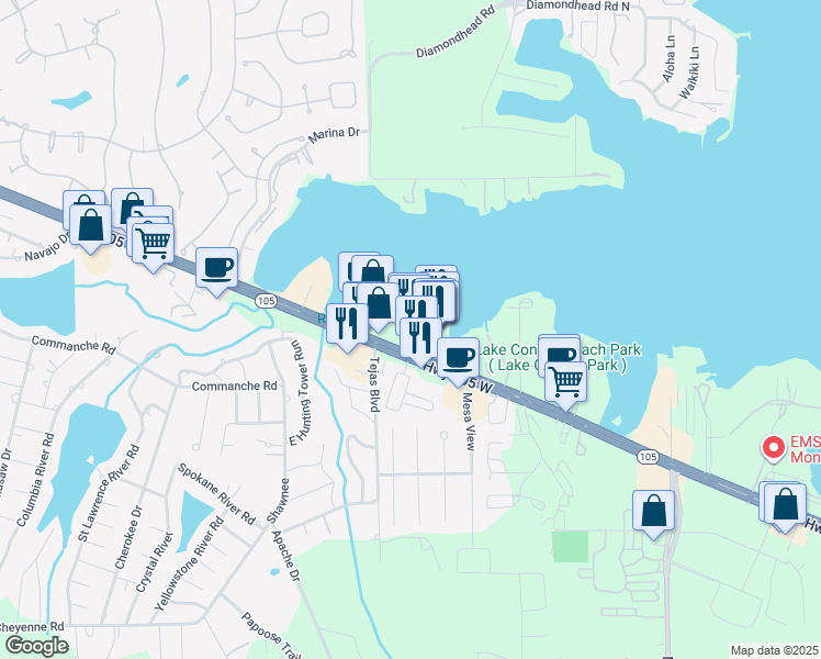map of restaurants, bars, coffee shops, grocery stores, and more near 15260 Texas 105 in Montgomery