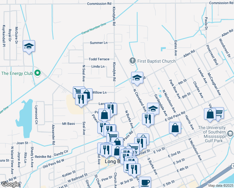 map of restaurants, bars, coffee shops, grocery stores, and more near 400 Klondyke Road in Long Beach