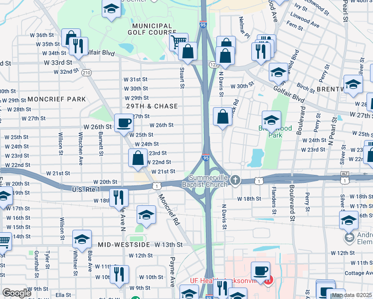 map of restaurants, bars, coffee shops, grocery stores, and more near 1055 West 23rd Street in Jacksonville