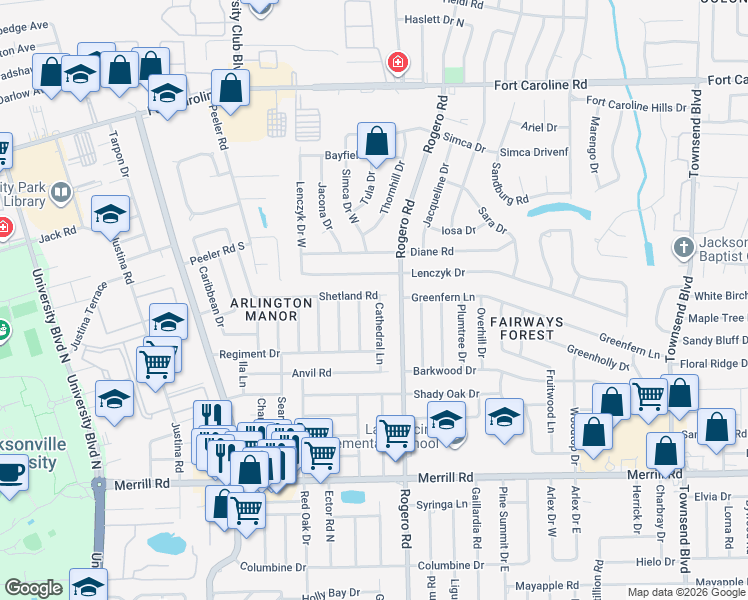 map of restaurants, bars, coffee shops, grocery stores, and more near 3244 Cathedral Lane in Jacksonville