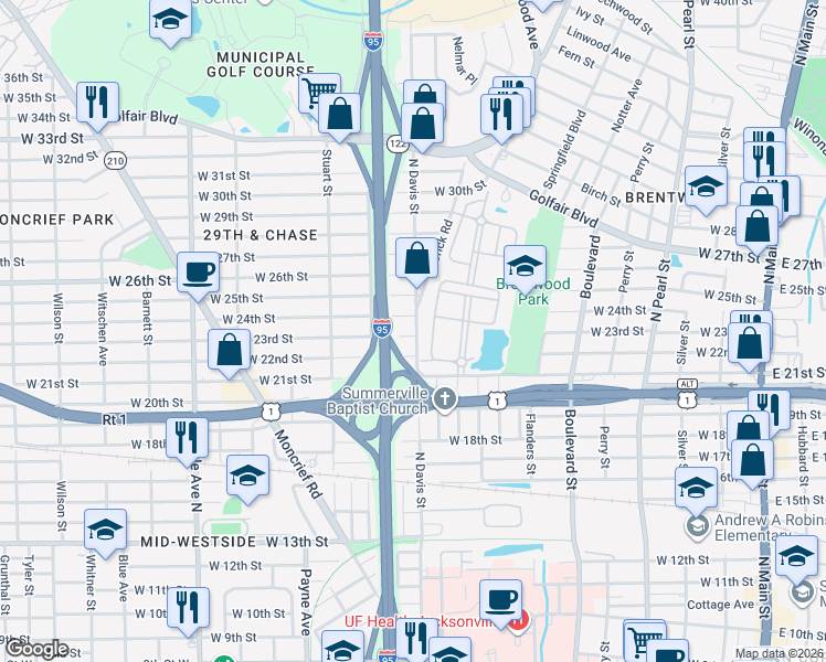 map of restaurants, bars, coffee shops, grocery stores, and more near 3308 North Davis Street in Jacksonville
