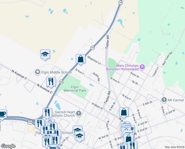 map of restaurants, bars, coffee shops, grocery stores, and more near 1118 Robin Road in Elgin