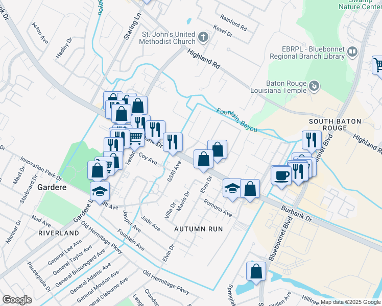 map of restaurants, bars, coffee shops, grocery stores, and more near 9719 Burbank Drive in Baton Rouge
