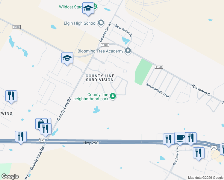 map of restaurants, bars, coffee shops, grocery stores, and more near 510 Blanco Woods Boulevard in Elgin