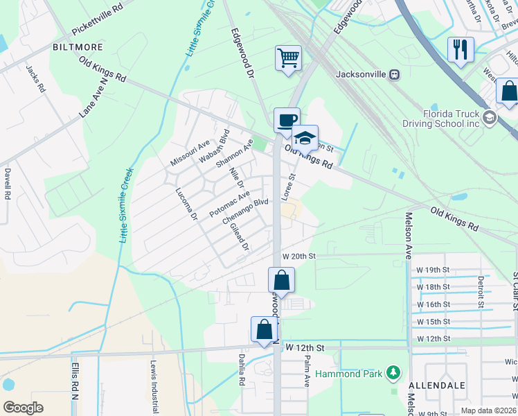 map of restaurants, bars, coffee shops, grocery stores, and more near 5108 Chenango Boulevard in Jacksonville