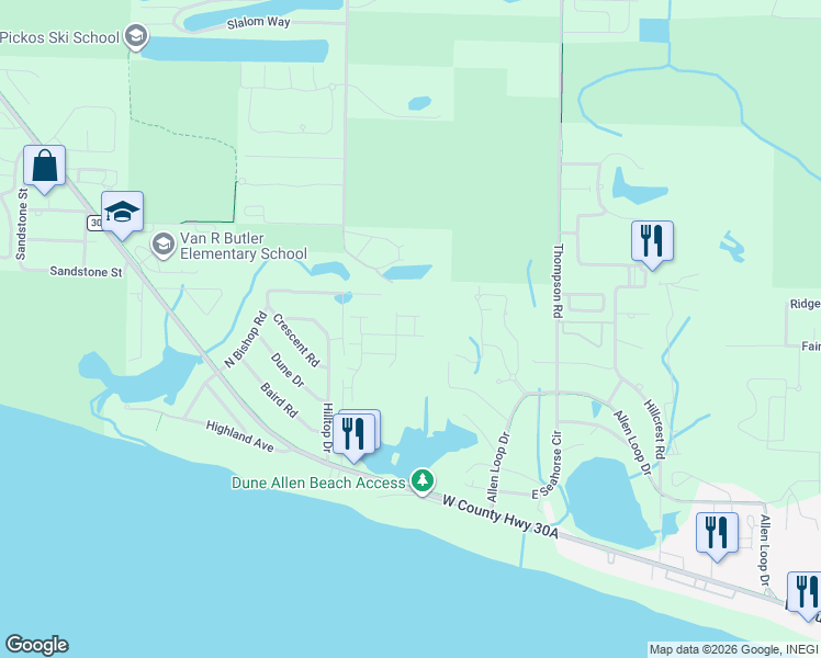 map of restaurants, bars, coffee shops, grocery stores, and more near 106 Old Winston Circle in Santa Rosa Beach
