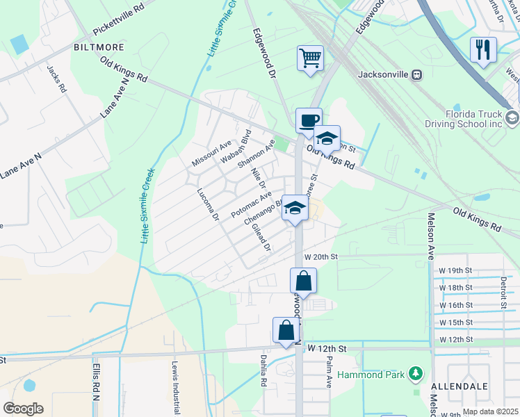 map of restaurants, bars, coffee shops, grocery stores, and more near 5223 Chenango Boulevard in Jacksonville