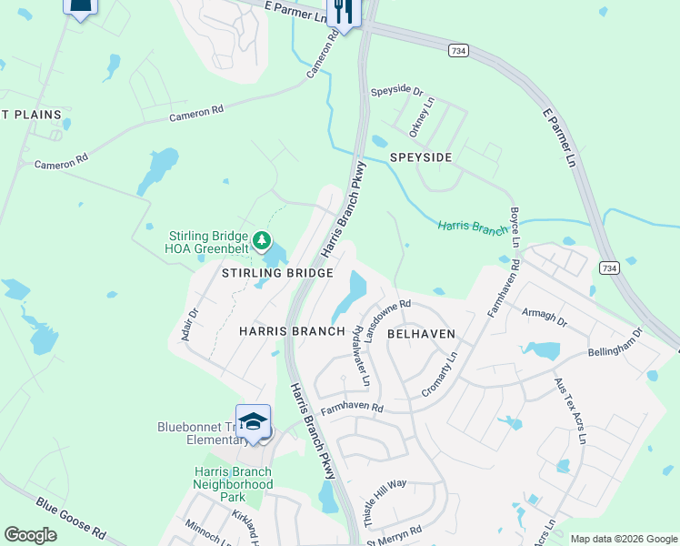 map of restaurants, bars, coffee shops, grocery stores, and more near 12017 Arran Street in Austin