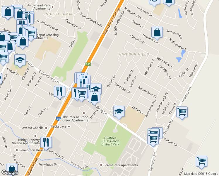 map of restaurants, bars, coffee shops, grocery stores, and more near 9601 Dallum Drive in Austin