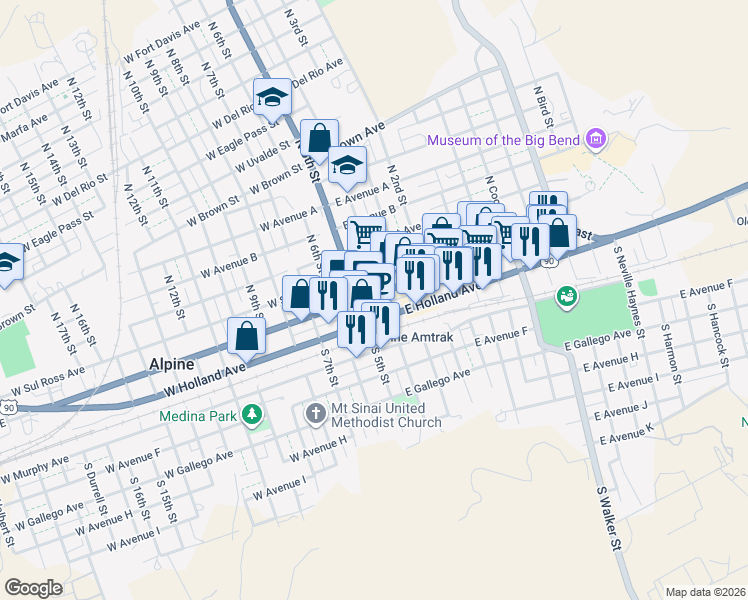 map of restaurants, bars, coffee shops, grocery stores, and more near in Alpine
