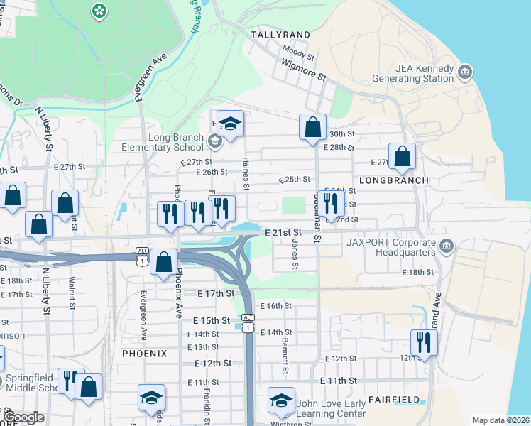 map of restaurants, bars, coffee shops, grocery stores, and more near 1450 23rd Circle South in Jacksonville