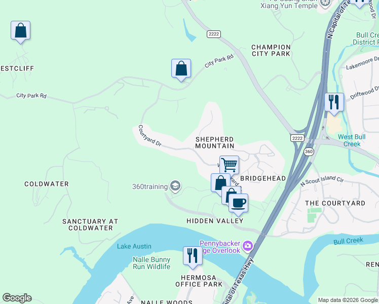 map of restaurants, bars, coffee shops, grocery stores, and more near 6505 West Courtyard Drive in Austin