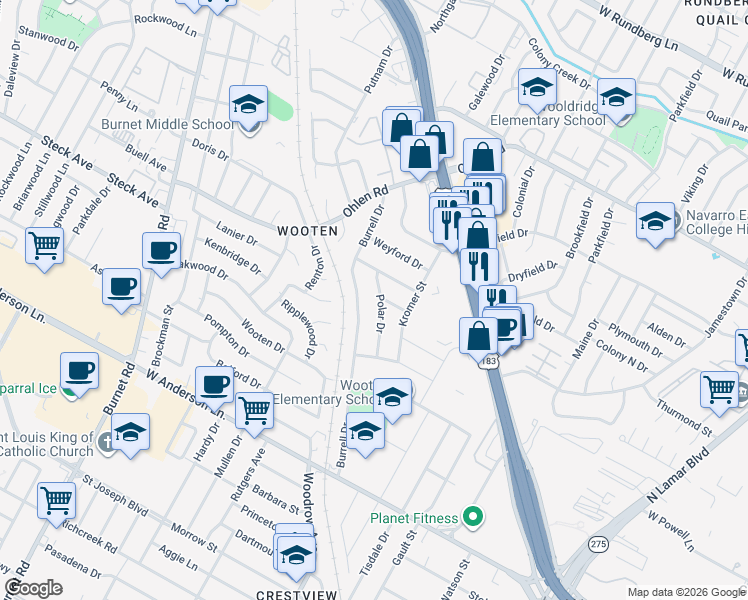 map of restaurants, bars, coffee shops, grocery stores, and more near 8308 Polar Drive in Austin
