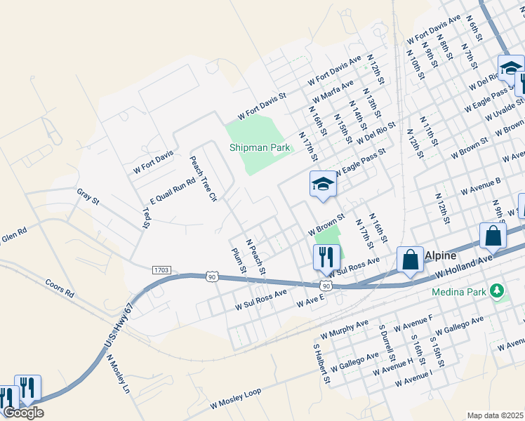 map of restaurants, bars, coffee shops, grocery stores, and more near 1909 West Eagle Pass Street in Alpine