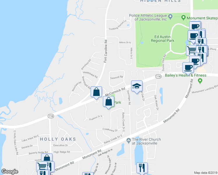 map of restaurants, bars, coffee shops, grocery stores, and more near 2112 McCormick Place in Jacksonville