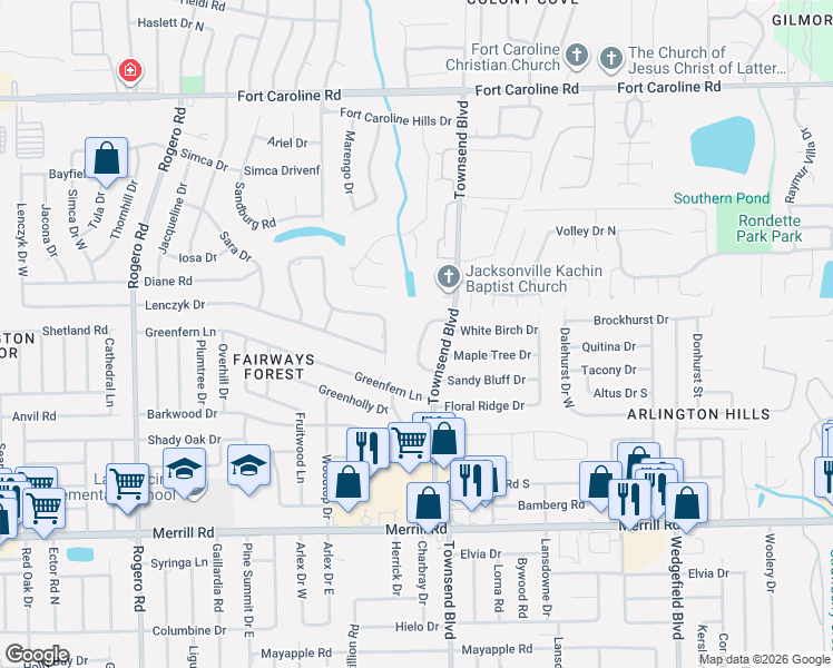 map of restaurants, bars, coffee shops, grocery stores, and more near 3156 Green Arbor Place in Jacksonville