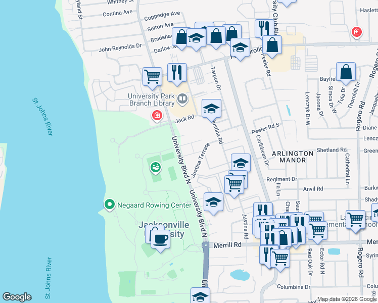 map of restaurants, bars, coffee shops, grocery stores, and more near 3291 3291-7 University Ap in Jacksonville