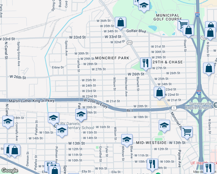 map of restaurants, bars, coffee shops, grocery stores, and more near 1580 West 24th Street in Jacksonville