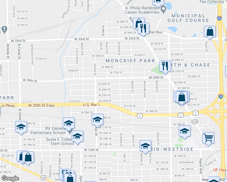 map of restaurants, bars, coffee shops, grocery stores, and more near 1640 West 24th Street in Jacksonville