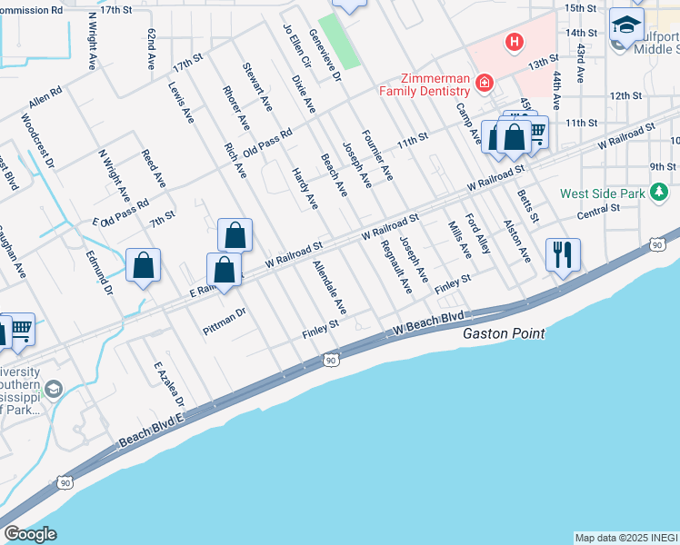 map of restaurants, bars, coffee shops, grocery stores, and more near 807 Hardy Avenue in Gulfport