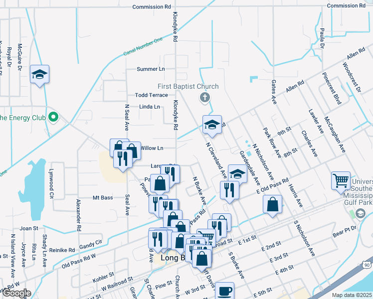 map of restaurants, bars, coffee shops, grocery stores, and more near 400 Klondyke Road in Long Beach
