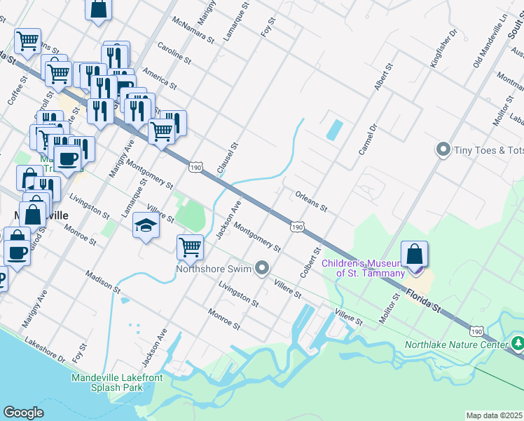 map of restaurants, bars, coffee shops, grocery stores, and more near 1401 Ronald Reagan Highway in Mandeville
