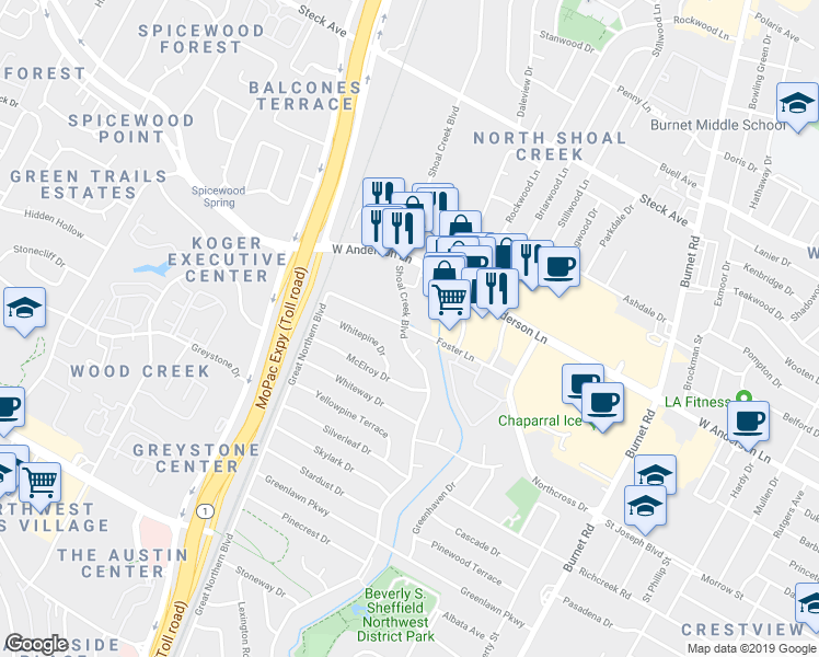 map of restaurants, bars, coffee shops, grocery stores, and more near 7801 Shoal Creek Boulevard in Austin