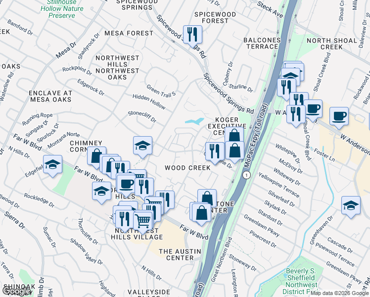 map of restaurants, bars, coffee shops, grocery stores, and more near 3600 Greystone Drive in Austin