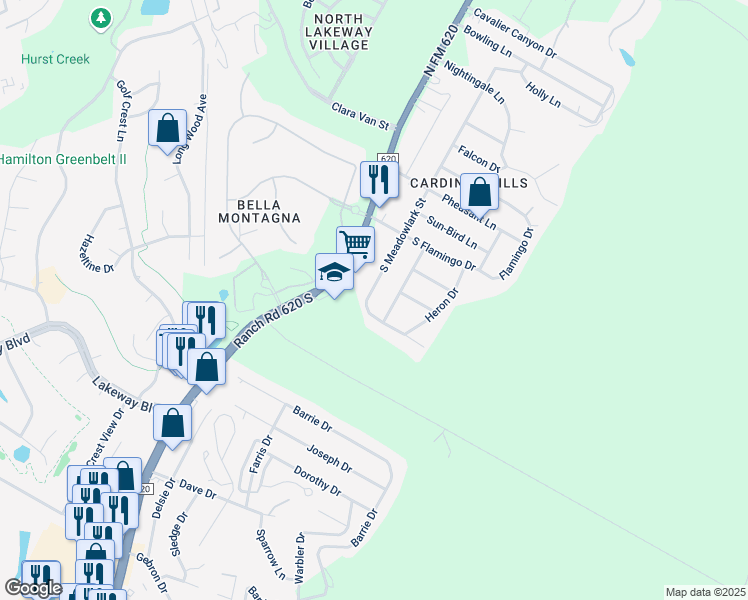 map of restaurants, bars, coffee shops, grocery stores, and more near 509 Meadowlark Street in Lakeway