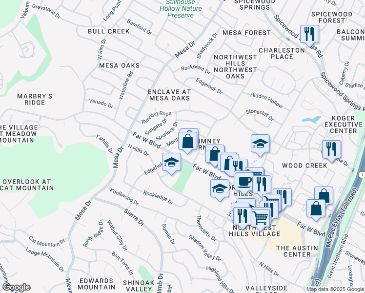 map of restaurants, bars, coffee shops, grocery stores, and more near 3936 Far West Boulevard in Austin