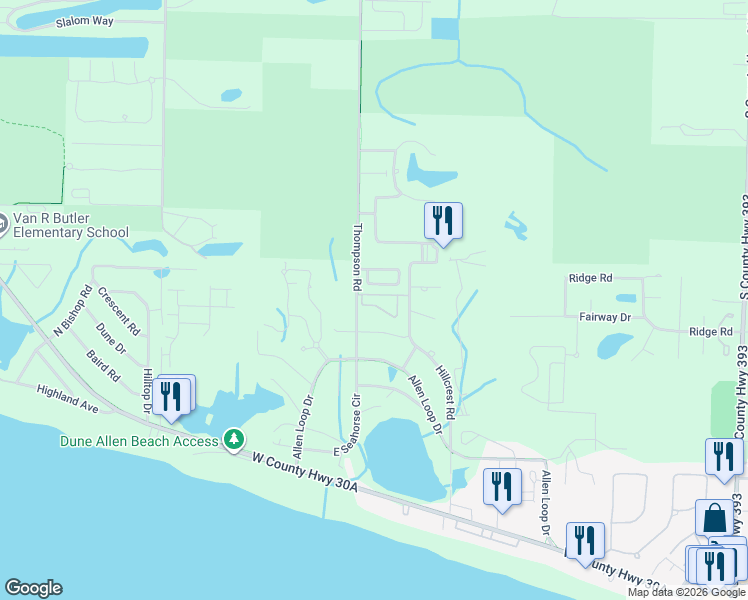 map of restaurants, bars, coffee shops, grocery stores, and more near 53 Courtyard Circle in Santa Rosa Beach