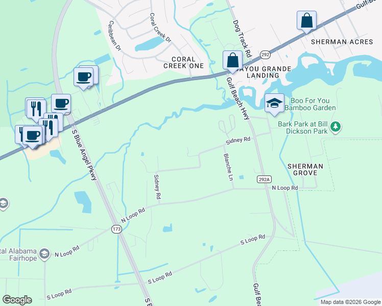 map of restaurants, bars, coffee shops, grocery stores, and more near 9630 Sidney Road in Pensacola