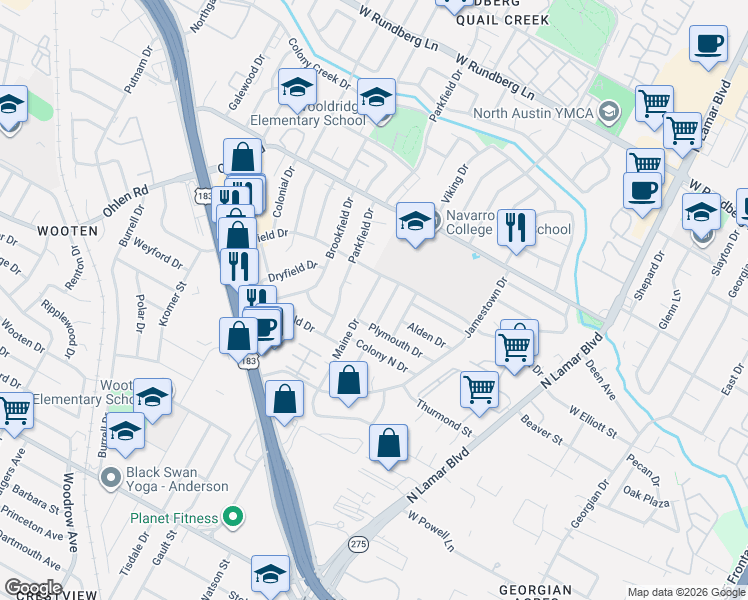 map of restaurants, bars, coffee shops, grocery stores, and more near 8521 Maine Drive in Austin