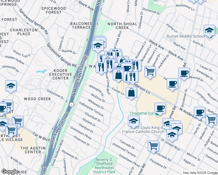 map of restaurants, bars, coffee shops, grocery stores, and more near 7801 Shoal Creek Boulevard in Austin
