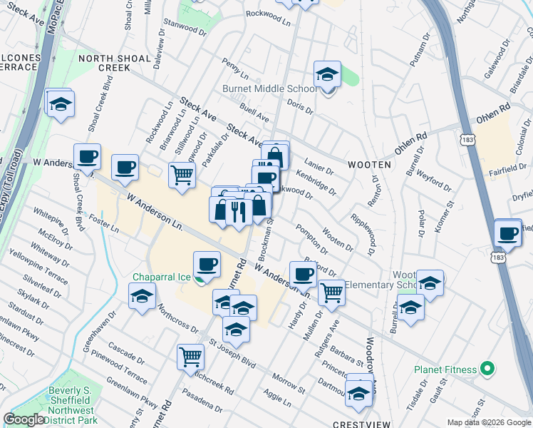 map of restaurants, bars, coffee shops, grocery stores, and more near 8007 Burnet Road in Austin