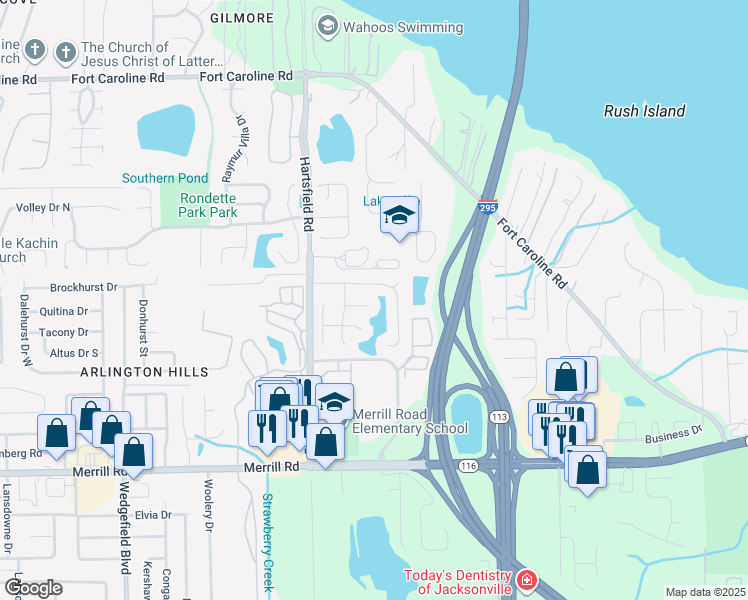 map of restaurants, bars, coffee shops, grocery stores, and more near 8273 Catfield Court in Jacksonville