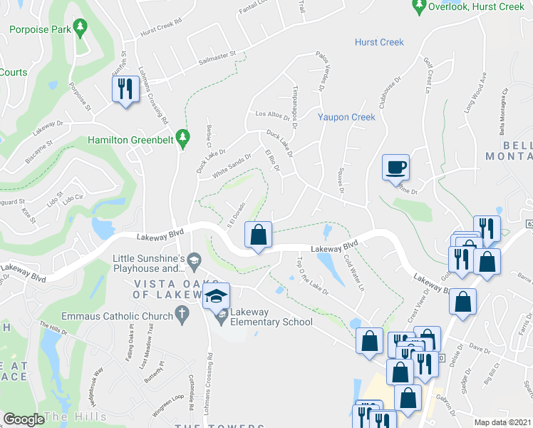 map of restaurants, bars, coffee shops, grocery stores, and more near 111 Royal Oak Cove in Lakeway