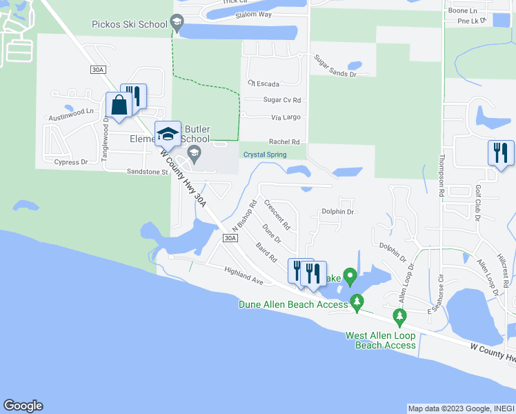 map of restaurants, bars, coffee shops, grocery stores, and more near 240 Dune Drive in Santa Rosa Beach